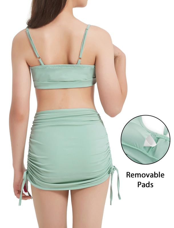 Image of EXARUS Girls Bathing Suits 3 Piece Swimsuits Bikini Sets with Cover Up Mid Rise Ruched Swimwear Beach Pool 8-14Y