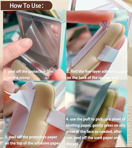 Image of Blotting Papers for Face with Mirror and Puff, 100 Count Bamboo Charcoal Oil Blotting Sheets for Oily Skin, Portable Compact for Purse, Travel, and On-the-Go Touch-Ups