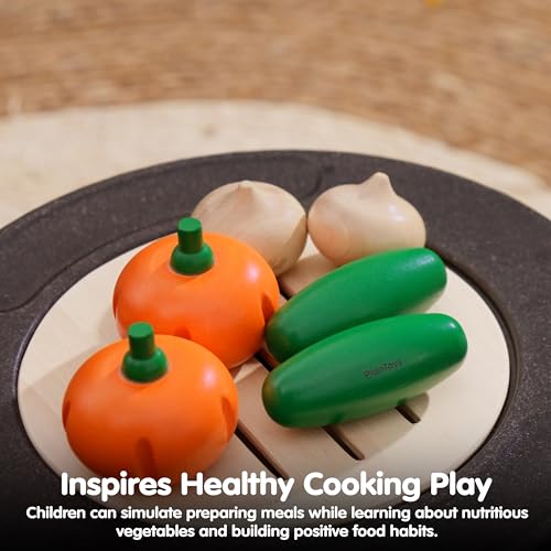 Image of PlanToys Wooden Fresh Produce Cucumbers, Onions & Pumpkins Sliceable Kids | slicing, knife, fruits and vegetables toys, pretend food, girls, boys, fine motor role play, imaginative social gift set