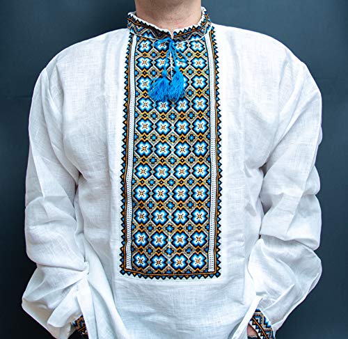 Shirts For Men Ukrainian Vyshyvanka Men's Embroidered White Blue Brown Shirt Linen Wedding (3X-Large) #TOP6