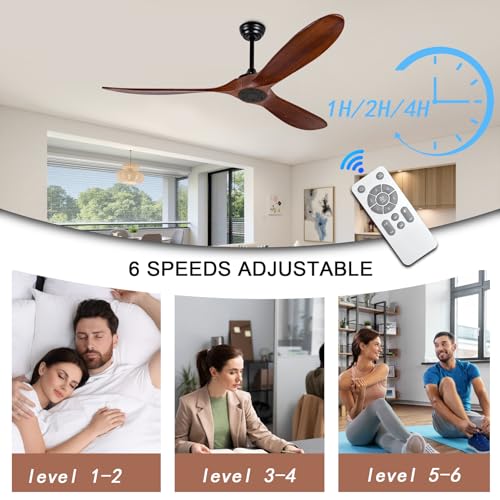 Image of 60 inch Ceiling Fan [No Light with Remote Control], Indoor Outdoor Ceiling Fan [with 3 Wooden Blades] for Patio, Living Room, Bedroom, Office, Farmhouse. Black + Walnut Color.