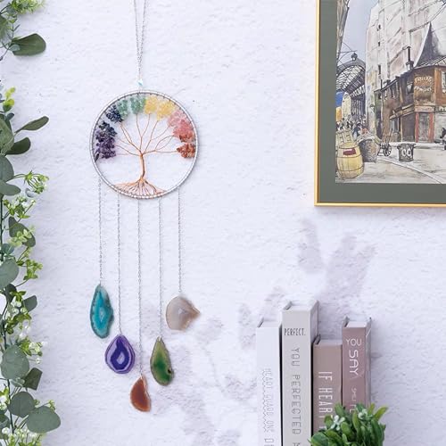 Kristalle Baum des Lebens Traumfänger, natürlicher Edelstein Achat Chakra Schild, Wandbehang, Heimdekoration für Meditation,Yoga Wandkunst,Mandala Ornamente für Schlafzimmer (7 Chakra-Kristalle)