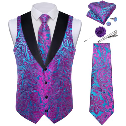 Image of DiBanGu Mens Paisley Suit Vest Silk Jacquard Waistcoat and Necktie Set Formal Shawl Collar Dress Vest 7PCS for Wedding Party