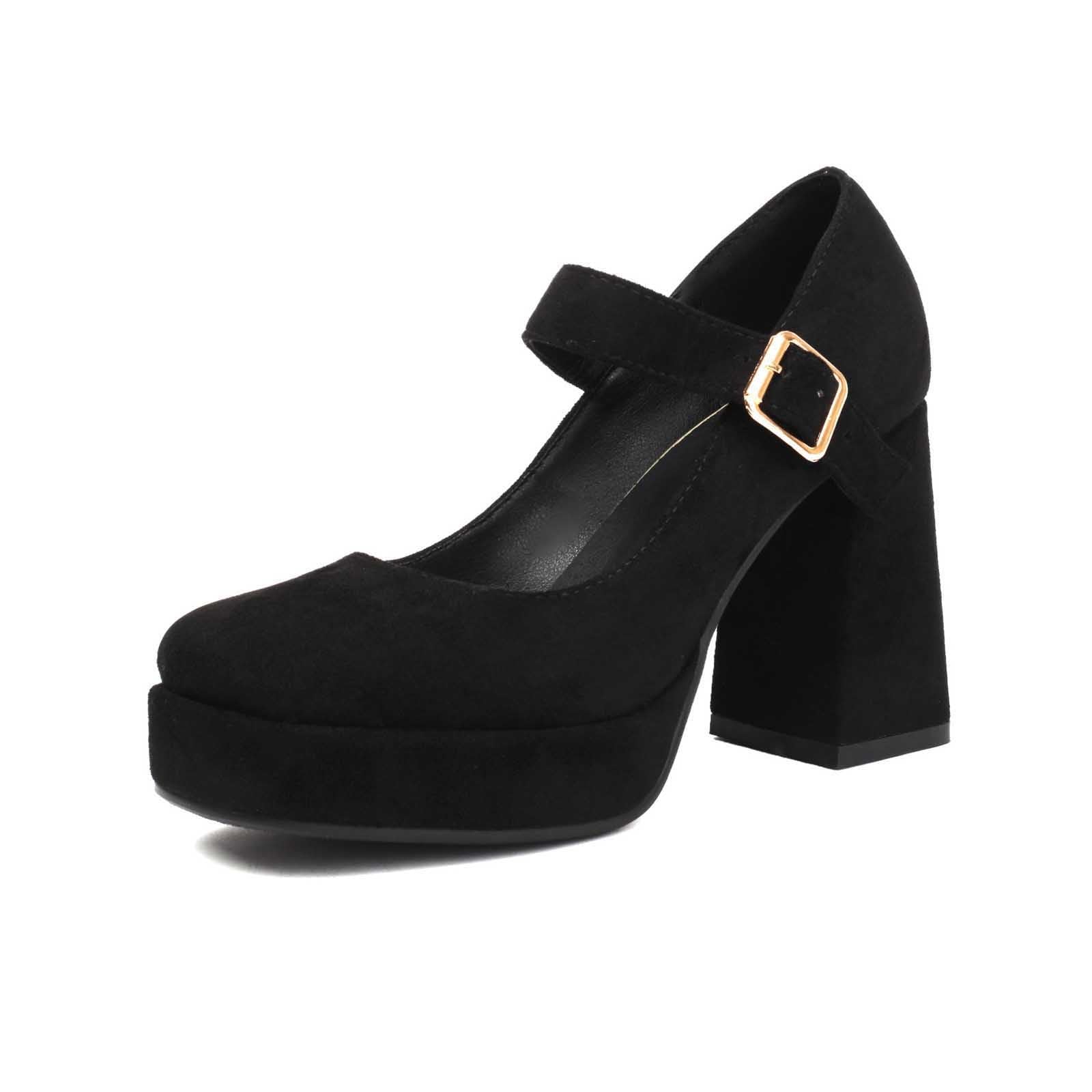 Scarpe eleganti da donna con tacco alto, suola spessa, punta quadrata, per feste eleganti, design classico con cinturino in metallo regolabile, versatile