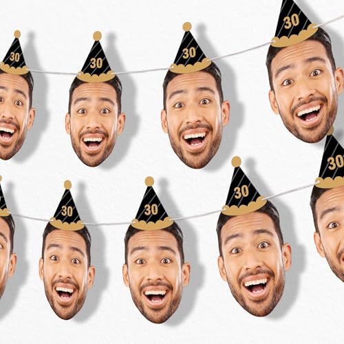 Big Dot of Happiness Custom Black & Gold Birthday Face Cut Out Garland Banner Personalized Adult Birthday Age Decor 30 Feet of Cord 10 Face Cut Outs
