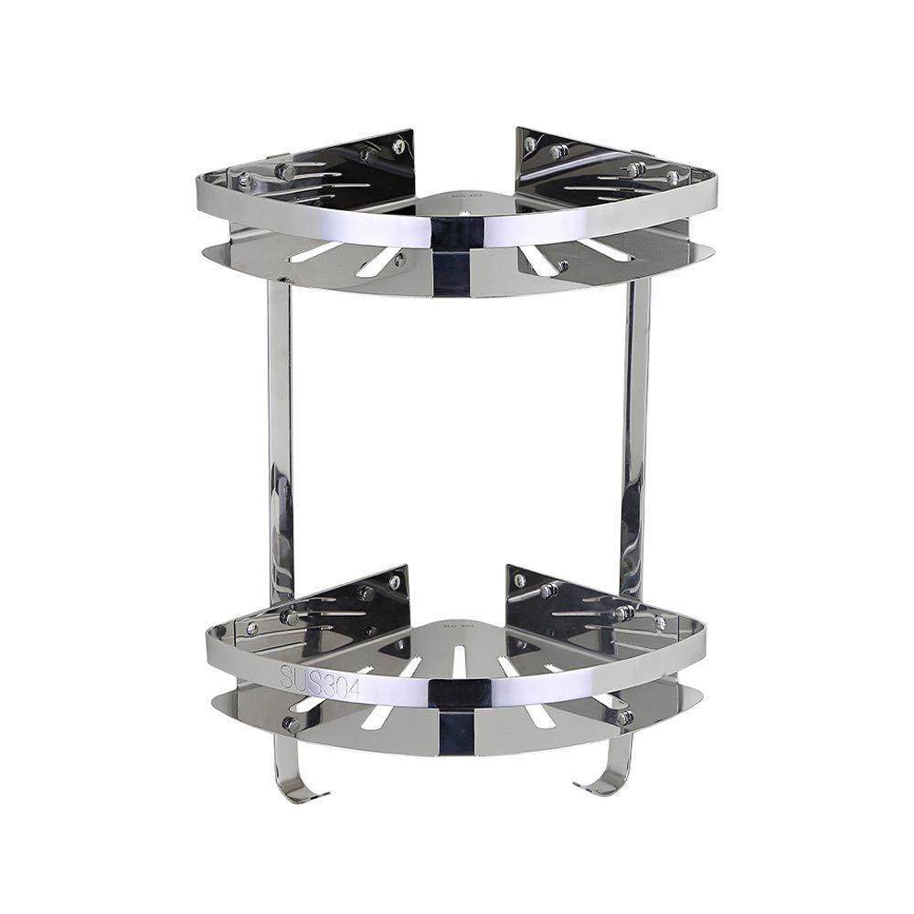 2 Tier 304 Stainless Steel Storage Corner Stand with 2 Hooks Wall Mounted Bathroom Shelf Hanging Shower Caddy