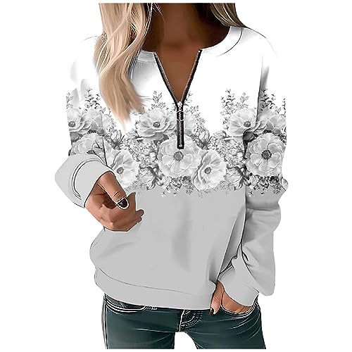 FeiBeauty Tunika Damen Tops FüR Damen Damen Blusen Blumen Druck Langarm Sweatshirt Mit 1/2 Zip Blumenmuster Rundhals Langarmshirt Tshirt Damen Elegant (Gray, 3XL)