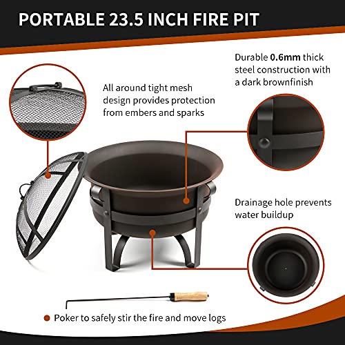 Wostore Wood Burning Fire Pits for Outside 23.5 Inch Portable Bronze Cauldron Camping Bonfire Patio Backyard Fireplace with Spark Screen and Poker