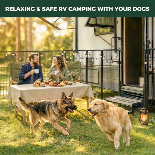 Image of FXW Instant Dog Playpen with RV Step Grid for RV Camping, 45 inch H, 16 Panels | Quick-Setup & Heavy-Duty Play Yard, Helps Close Stair Gaps, Fits 26 inch RV Step Opening, For Large Dogs, Patented