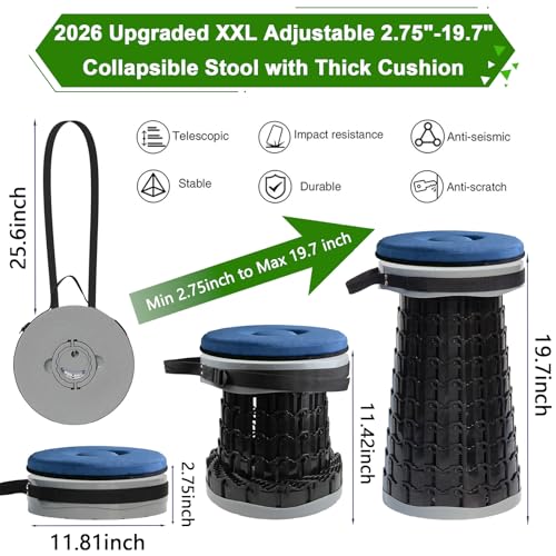 Image of 2026 Upgraded XXL Collapsible Stool with Thick Cushion,19.7 inchH-11.8 inchD Telescoping Folding Stool for Adults, More Sturdy Camping Stools with Load Capacity 1000lbs for Outdoor,Garden,Fishing,Hiking