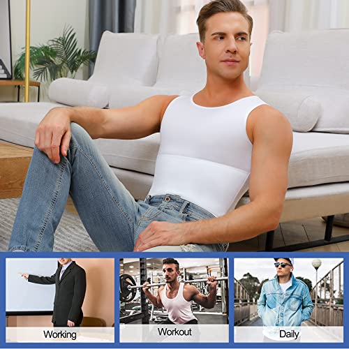 Mens Compression Shirt Slimming Body Shaper Vest Workout Tank Tops Abs Abdomen Undershirts (White, X-Large) #TOP5