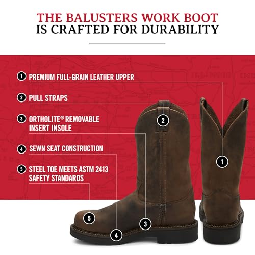 Justin Balusters 11" Steel Toe Work Boots for Men - Round Toe Full-Grain Leather Pull-On Steel Toe Boots with Slip-Resistant Outsole, EH Rated3