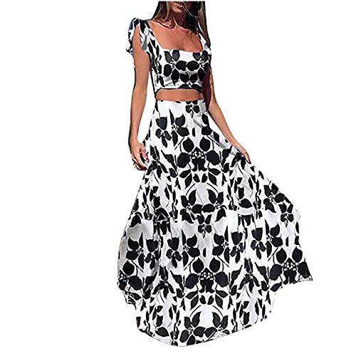 ABABC Women African Printed Maxi Skirt Flared Skirt A Line Long Skirt with Printed Crop Top Skirt Set 2 Piece Outfit Black