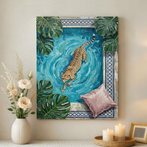 Toile murale léopard piscine bleu vert créant une ambiance tropicale