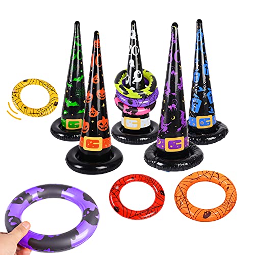 Souarts Halloween Inflatable Toys for Ring Toss Game, 16Pcs Halloween Party Ring Toss Games Set, 5 Inflatable Witch Hats+10 Rings+1 Pump, Halloween Party Decor Indoor Outdoor Yard Games