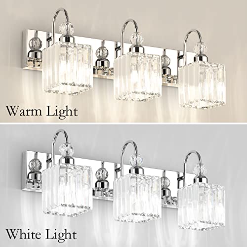 Image of Ralbay Chrome Crystal Bathroom Vanity Light - 3-Lights, 24 inch Modern Wall Light Fixtures