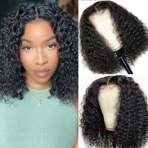 JOEDIR HAIR Curly Bob Wig Human Hair Short Deep Wave Lace Front Wig for Women 10 inch Natural Black T Part Wig Jerry Curl Bob Wig 150% Density