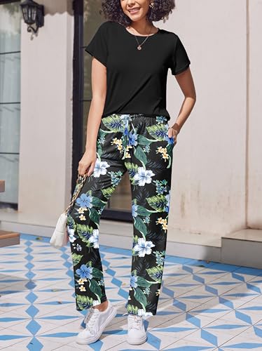 Image of Ekouaer Pajama Sets for Women Round Neck Pjs Short Sleeve Sleepwear with Long Pants Loose Lounge Sets