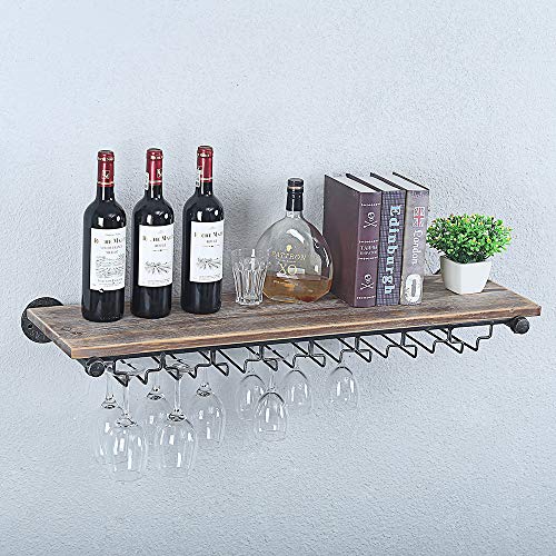 Oldrainbow Industrial Pipe Shelving Hanging Stemware Racks,Rustic Wall Mounted Wine Rack With 8 Glass Holder,Floating Shelves Stemware Holder Wood Shelf #TOP4