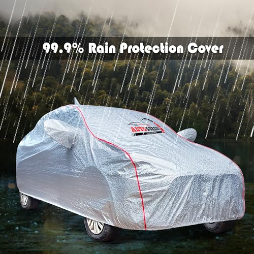 Image of Waterproof Car Body Cover Compatible with Kia Sonet Mirror and Antenna Pocket, All Weather Protection Cover (Silver Color with Red Piping Style)