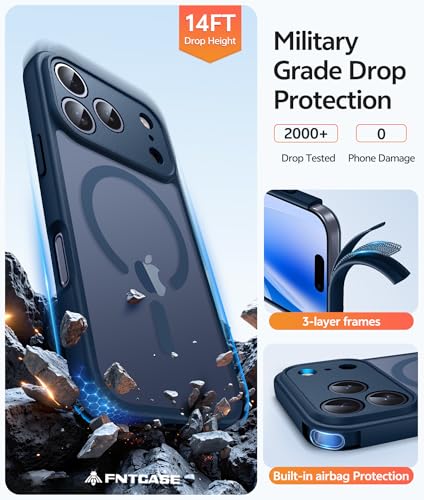 Image of FNTCASE for iPhone 17 Pro Max Case: [Compatible with Magsafe] Translucent Matte Cases with [Full Camera Protection] [Screen Protector] Military Grade Shockproof Protective Phone Cover - Blue