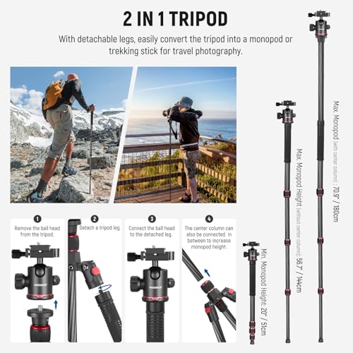 Image of NEEWER 66 inch /168cm Carbon Fiber Tripod for Camera with 360 Panorama Ball Head, 1 /4 inch Arca QR Plate, Portable Bag, Compact Travel Tripod Monopod for DSLR Video Camcorder, Max Load 26.5lb /12kg, N55C