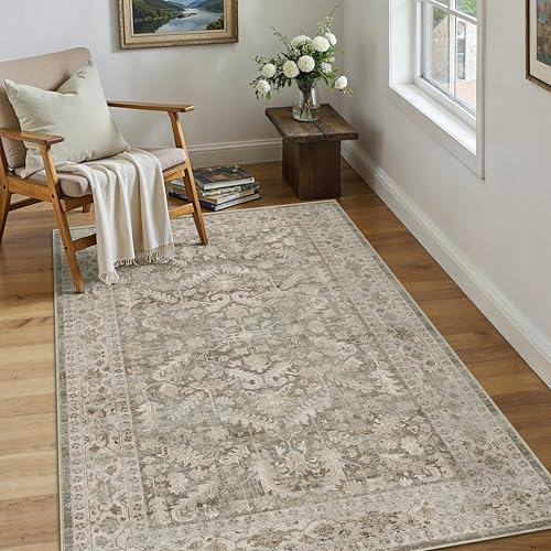 PureCozy Brown 3x5 Entryway Rug Vintage Area Carpet Indoor Office Washable Door Mat Entrance Small Low Pile Traditional Distressed Retro Accent Throw Rug Non Slip Kitchen Bathroom 3' x 5' (R