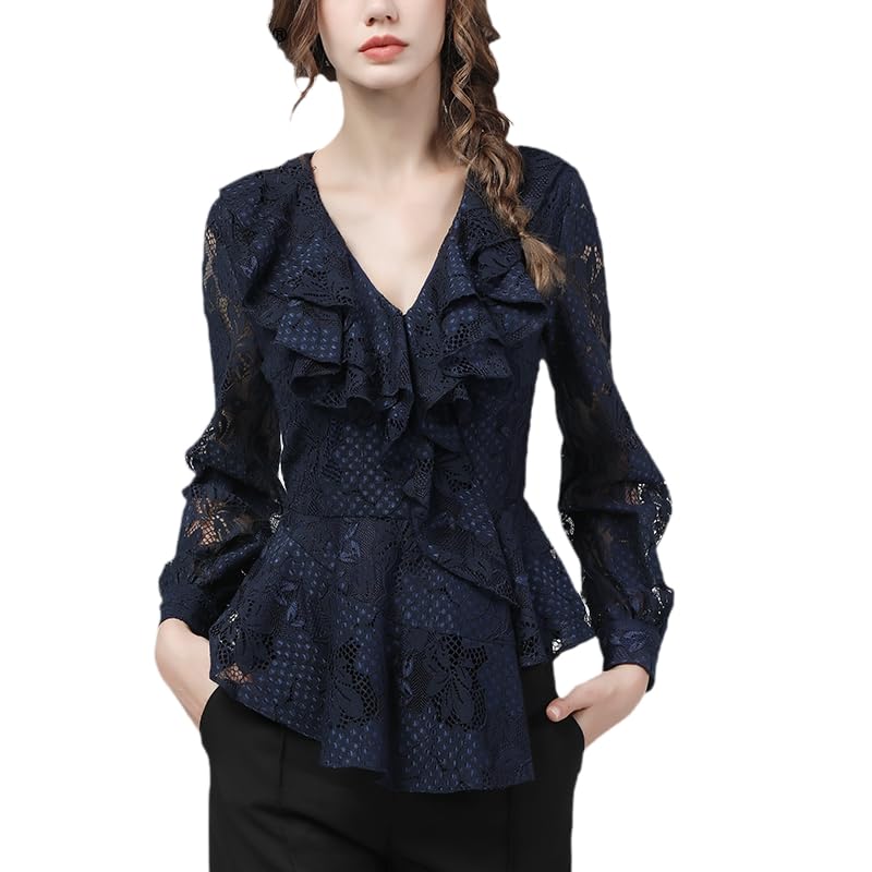 Blusas de Encaje con Cuello en V y Volantes de Color Azul Oscuro, diseño Floral Ahuecado, Manga Larga, Blusas Delgadas de otoño para Mujer, Camisas de Oficina (Azul M)