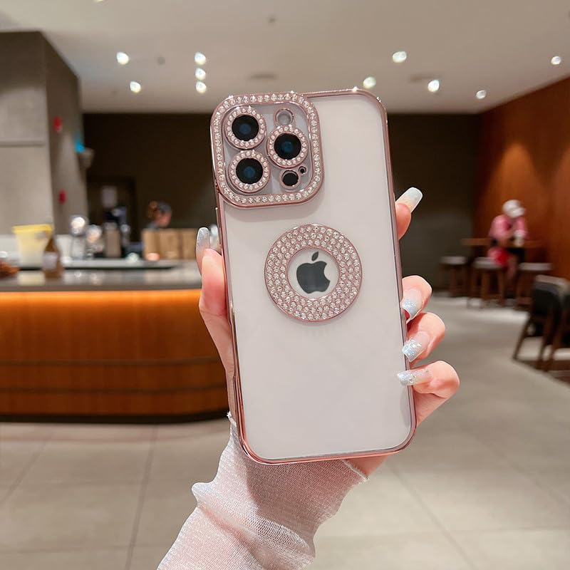 Image of LuxuryKase Sparkling Crystal Clear Case for iPhone 16 Pro Max | Logo Cut | Soft Protective TPU Case | Diamond Camera Lens Protector - Rose Gold