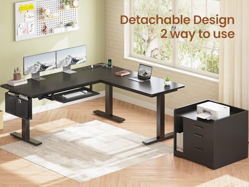 Image of SEDETA L Shaped Electric Standing Desk with File Cabinet, 63 x 53'' Height Adjustable Home Office Computer Desk with Drawers, Power Outlet, Stand up Gaming Table with Led Lights, Keyboard Tray, Black