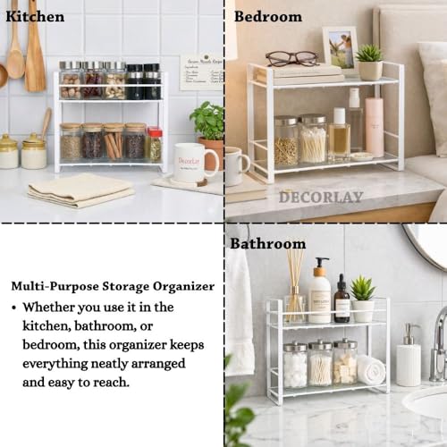 Image of Decorlay Metal 2-Tier Kitchen Organizer Spice Rack | Bartan Stand | Jars and Bottle Holder | Storage Rack For Kitchen - White | Countertop, Tabletop | Size: 33x13x29cm