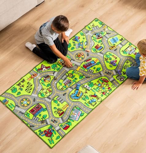 ToyVelt Kids Car Rug Playmat - Large 60” x 32” Road Traffic Carpet for Kids Ages 3–12 - Educational City Play Mat Made of Soft Polyester with Skid-Proof Backing for Bedroom or Playroom