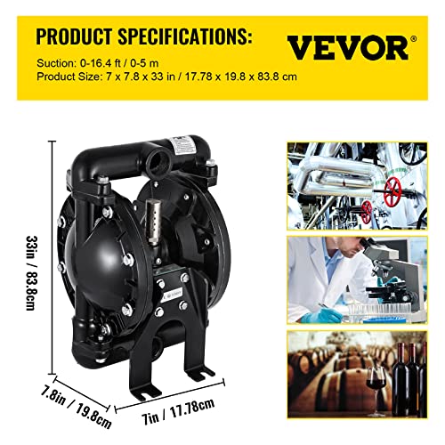 Image of VEVOR Air-Operated Double Diaphragm Pump 1 inch Inlet Outlet Aluminum 35 GPM Max 120PSI for Industrial Use, QBY4-25LF46-1inch-35