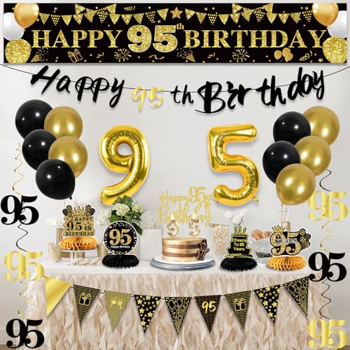 Image of 95th Birthday Decorations for Men, Black Gold 95th Party Decoration Kits | 27pcs Happy 95th Birthday Set: Banner, Honeycomb, Balloons, Gold Number, Candle, Hanging Swirls, Cake Topper, Party Supplies