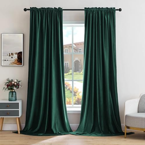Image of MIULEE Dark Green Blackout Velvet Curtains Drapes 96 Inch Long 52 inchx96 inch | Luxurious Bedroom Living Room Decor, Room Darkening, Thermal Insulated, Rod Pocket Design, Super Soft Fabric