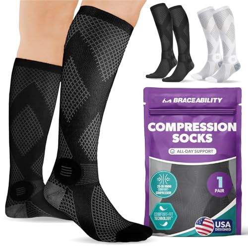 Image of BraceAbility Knee High Compression Socks 20-30 mmHg - Support Stockings for Women, Men, Circulation, Running, Flying, Post Surgery, Varicose Veins, Diabetic Foot Pain - 1 Pair Closed Toe (XL - Black)