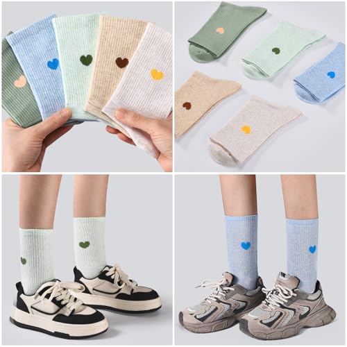 Image of Corlap Women's Cotton Crew Calf Socks - 5 Pairs Ankle High Dress Casual Socks, Fun Cute Heart Gifts for Mom Mother