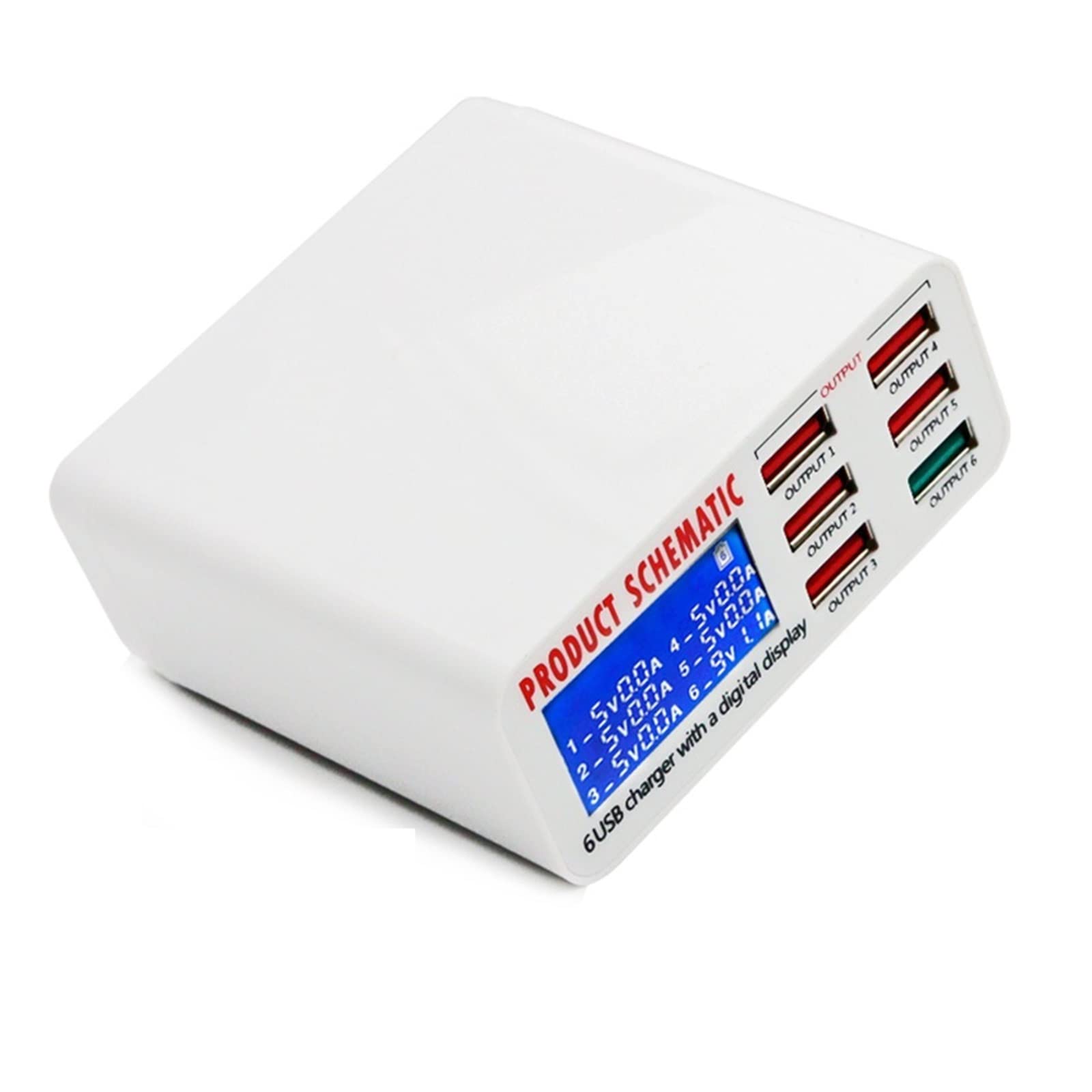 Ładowarka USB, 6A z cyfrowym wyświetlaczem LCD 6-portowa szybka inteligentna stacja ładująca do tabletów telefonicznych smartfonów, użytku w biurze domowym Przenośna konstrukcja(896)