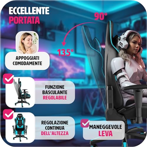 ® Poltrona da Ufficio Ergonomica, Sedia Gaming con Braccioli Imbottiti, Doppie Rotelle Resistenti, Struttura Robusta, Regolabile, Portata fino a 120 kg - Nero/Azzurro - Sedia gaming - Immagine 4