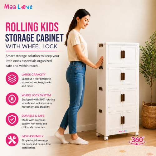 Image of Foldable Plastic Rack for Storage Cabinet with Wheels | Multipurpose Shelf Storage Services Almirah Wardrobe for Clothes, Kitchen Cupboard | Plastic Organizer (Regular Door)