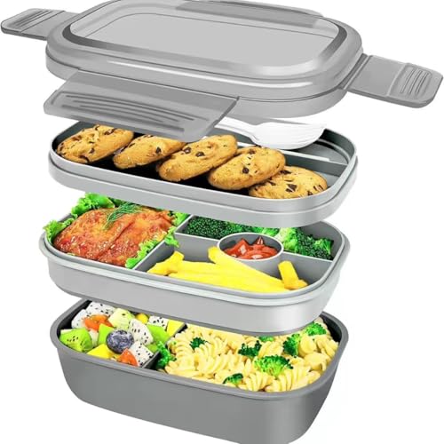 Hemompito Bento Box for adult, with Utensils, 64oz Lunch Box for Women, Food-Grade Material, Leakproof, 3 Layers 8 Compartments, Microwave Dishwasher Safe, Portable for Office, Picnic