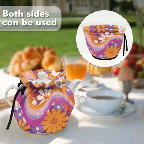 Image of Hippie Flowers Music Show Window Teapot Cozies, Heat Preservation Teapot Dust Cover with Drawstring Creative Kitchen Tea Pot Cover, Home Kitchen Table Hotel Christmas Decor