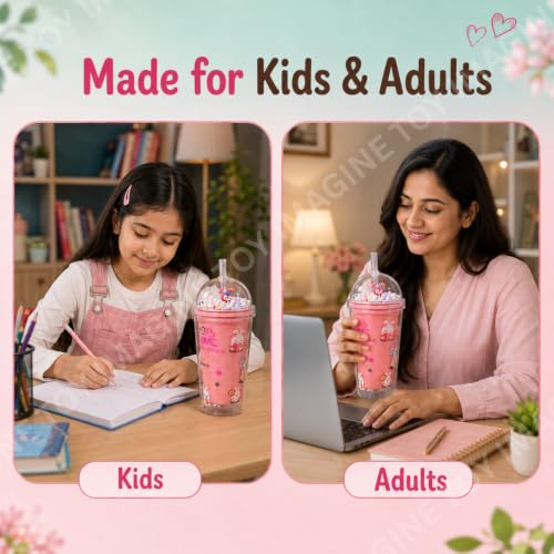 Image of Toy Imagine Bunny Glitter Tumbler for Kids, 550ml Double Wall Acrylic Sipper Cup with Straw & Dome Lid, BPA-Free Reusable Tumbler with Floating Beads for School, Travel & Gifts