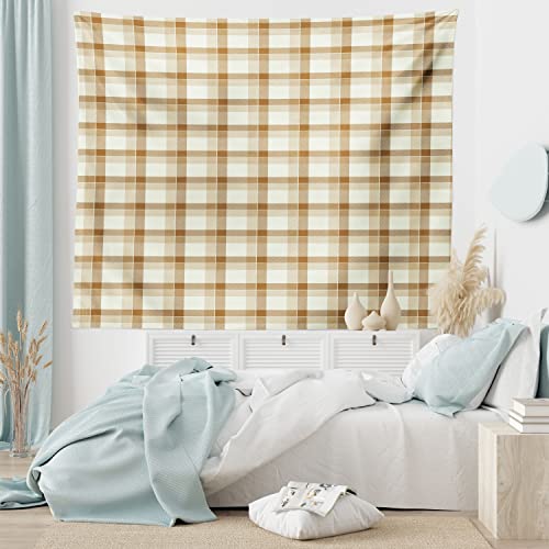 Lunarable Geometric Tapestry Twin Size, Plaid Pattern With Diagonal Lines And Squares In Earthy Colors Quilt, Wall Hanging Bedspread Bed Cover Wall Decor, Twin Size, Brown Beige #TOP5