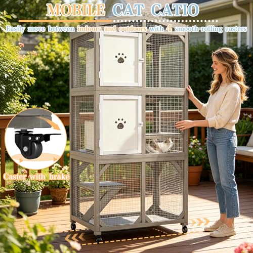 Image of Ketive 66 inch H Large Wooden Catio Outdoor Cat Enclosure with Wheels