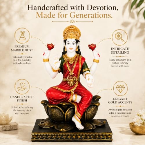 Image of ARMONIA Laxmi MATA Idol with Lotus Throne and Golden Crown | Mahalakshmi Devi Murti for Home, Mandir,Office Desk,Varalakshmi Vratam,Spiritual Decoration,Best Spiritual Gift for Wedding & Housewarming