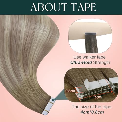 Image of Easyouth 24 Inch Tape in Hair Extensions Human Hair Balayage Tape Extensions Human Hair Light Brown Ombre Ash Blonde Mix Platinum Blonde Remy Hair Tape in Extension can be Re-Taped for Reuse 20pcs 50g