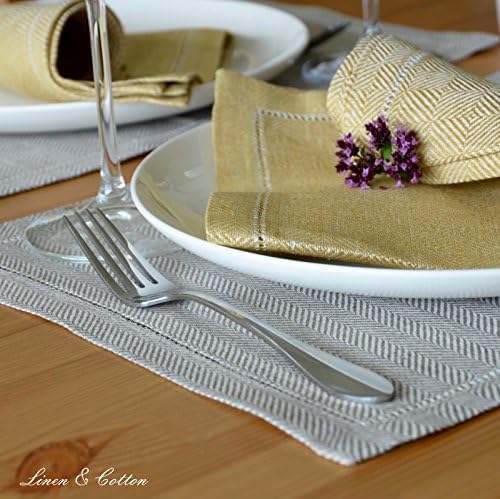 Linen & Cotton Set of 2 Table Mats Placemats Oxford -100% Linen, Beige Natural (30 x 44 cm (12'' x 17.6'')) Festive Elegant Rectangular Plate Dinner Cloth Fabric Material Home Kitchen Christmas Easter