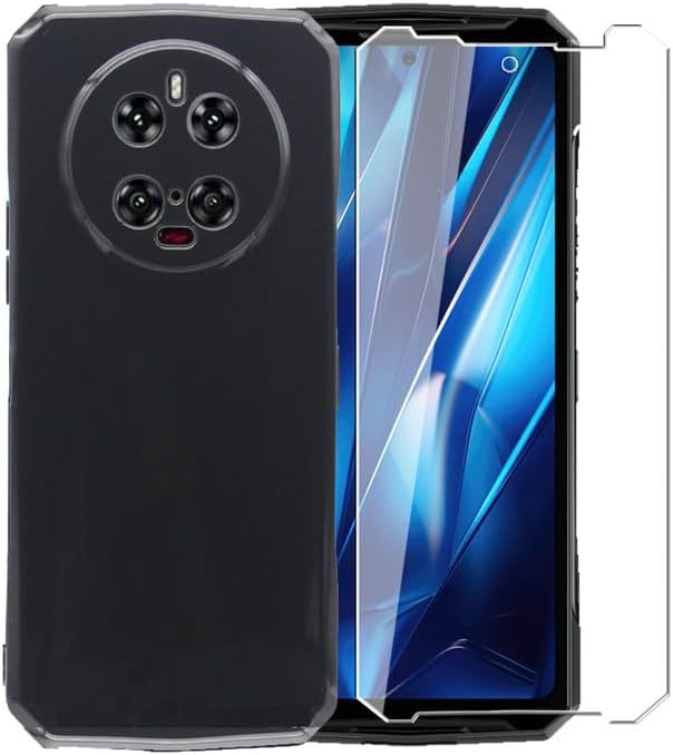 Case for Doogee DK10 5G + Glass Screen Protector Tempered Film - Transparent Silicone Soft Flexible Bumper Shockproof TPU Protective Cover Shell for Doogee DK10 5G (Black)