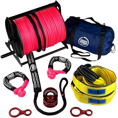 DOWN UNDER OUTDOORS Heavy Duty Game/Log/4x4 Recovery Kit, Deer Drag, 550 ft of 3/8” (23,150 lbs) Winch Rope on Metal Reel, 2 Tree Savers, 2 Soft Shackles, 2 Snatch Rings, 2 Figure 8 Rings, Gear Bag
